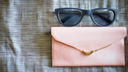 Minimalist accessories theme with envelope clutch, geometric necklace, and sleek sunglassesの素材