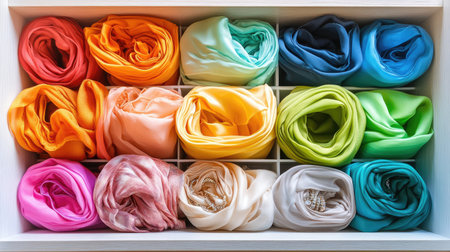 Rolled silk scarves in assorted colors displayed inside a drawer organizer with jewelry compartmentsの素材