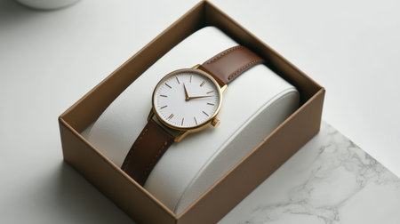 Minimalist flat lay of a luxury gold wristwatch on a marble background with soft shadows and premium packagingの素材