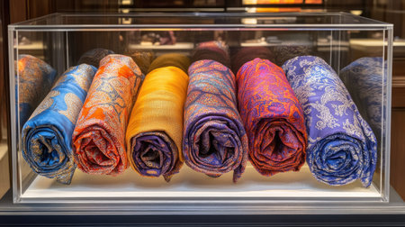Rolled silk scarf collection inside a glass-topped organizer box with soft lighting accentsの素材