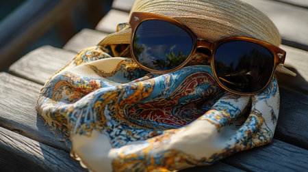 Silk scarf styled on a hat brim with vintage sunglasses and retro-style props on woodの素材