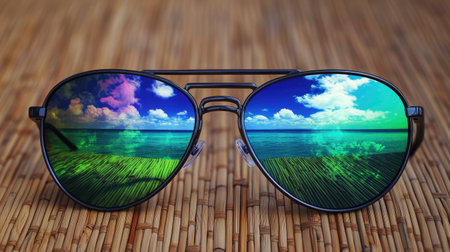Reflective sunglasses showing ocean horizon laid flat on a beach matの素材