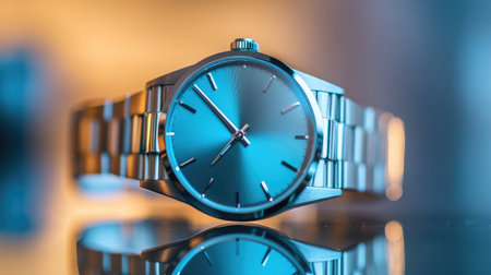 Polished wristwatch with sapphire glass placed on a reflective surface, casting clean, modern shadowsの素材