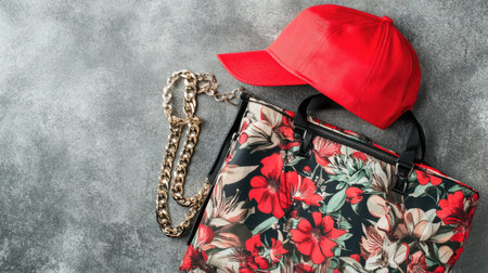Streetwear accessories with snapback hat, graphic tote, and layered chains on concrete backgroundの素材