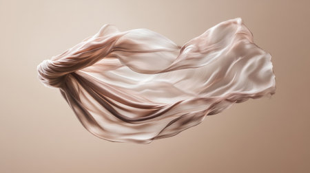 Soft, flowing scarf captured mid-motion against a beige background for artistic eleganceの素材