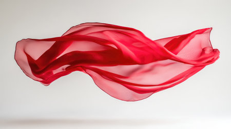 Vibrant red silk scarf floating mid-air against a solid white background, caught in elegant motionの素材