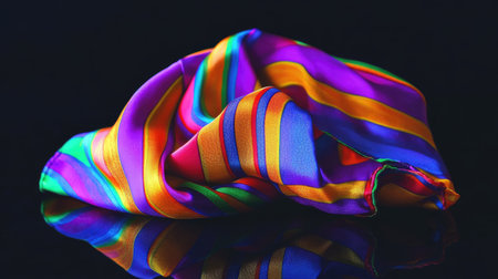 Striped silk scarf folded in geometric shapes on a reflective black surface with high fashion vibesの素材