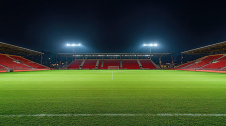 Championship stadium prepared for final match, lush pitch with center circle spotlighted, empty stands waitingの素材