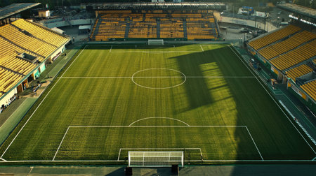 Above view of football stadium in bright daylight, stands empty, pitch prepared for upcoming matchの素材