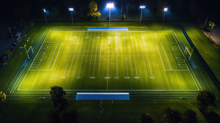 Bright stadium floodlights casting dramatic shadows over an empty football field, aerial night viewの素材