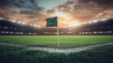 Dramatic close-up of field corner flag under stadium lights, night sky looming aboveの素材