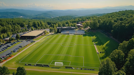 Aerial view of a green soccer field with freshly marked white lines, surrounded by trees and clear skiesの素材