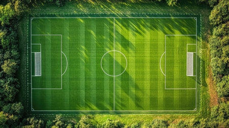 Aerial image of a standard football pitch isolated on green lawn with track border, no humans visibleの素材