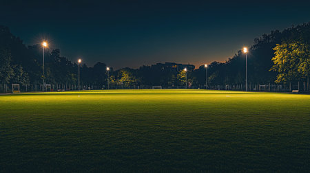 Clean football pitch under crisp night lighting, long shadows and perfect linesの素材