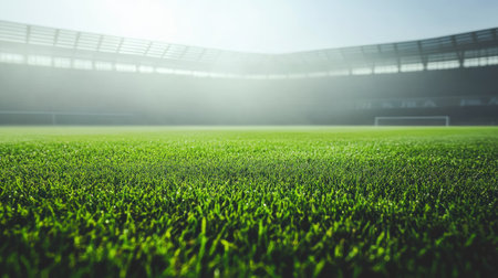 Morning light shining into empty stadium, grass vibrant and stadium seats glowing in soft hazeの素材