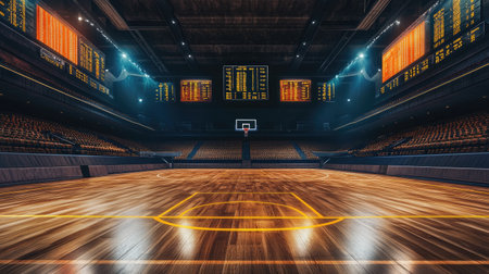 Spacious sports arena interior, polished floors and LED advertising boards, no peopleの素材