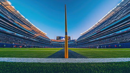 Symmetrical shot from midfield in empty stadium, focusing on goalpost, field lines, and architectural detailsの素材