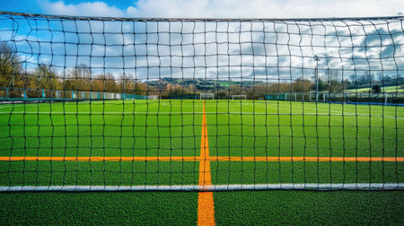 View from behind goal net looking across pitch, vibrant turf stretching into distance, no playersの素材