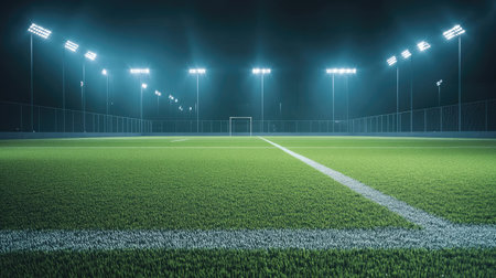 Night stadium shot with field halfway in shadow and halfway lit by high-power lampsの素材
