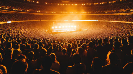 Overhead view of illuminated arena with tightly packed crowd represented as visual textureの素材
