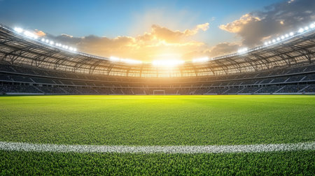 Stadium entrance with visible floodlights in background, glowing softly above the arenaの素材