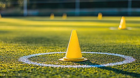 Soccer training cones aligned on empty pitch with visible center circle and turf detailsの素材