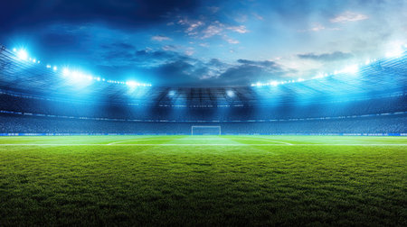 Technical equipment and floodlights mounted over a football field, seen from pitch levelの素材