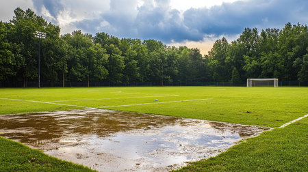 Rain-soaked soccer field with puddles in low spots, cloudy sky in the backgroundの素材