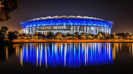 Stadium illuminated with blue-toned lighting at night, casting a futuristic vibe over the quiet arenaの素材