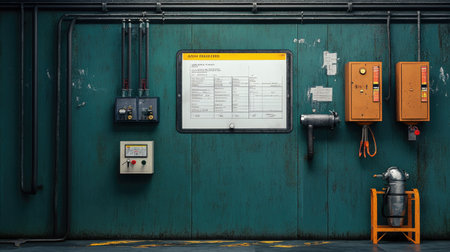 Air compressor zone with unattended checklist board and dusty protective equipmentの素材