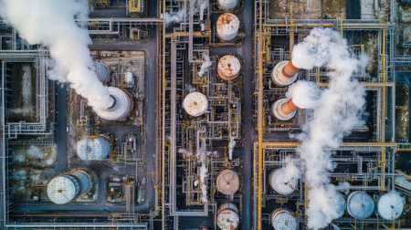 Aerial view of an oil refinery with smoke stacks, tanks, and complex pipeline infrastructureの素材