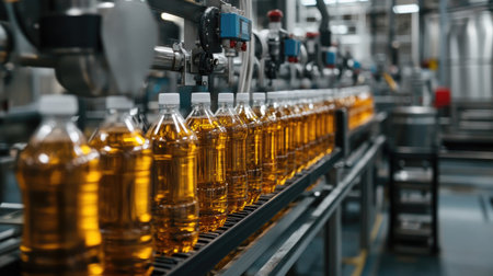 Bottling line in beverage production facility with synchronized machinery filling and capping bottlesの素材