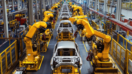 Automotive production line with vehicle chassis being moved through multiple robotic stationsの素材