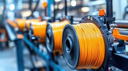 Cable manufacturing unit with wire spools, extruders, and automated tension control systemsの素材