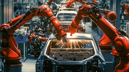 Automated robotic arms assembling car frames in a high-tech automotive manufacturing plantの素材
