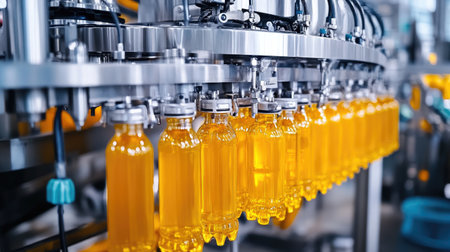 Bottling line in beverage production facility with synchronized machinery filling and capping bottlesの素材