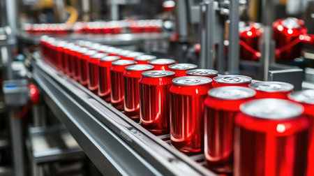 Beverage factory with conveyor belts transporting cans through filling and packaging areasの素材