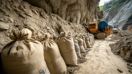 Cement bags and mixing equipment placed on the perimeter of a building under constructionの素材