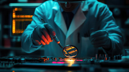 Clean engineering lab bench with circuit board diagnostics under a magnifying lampの素材