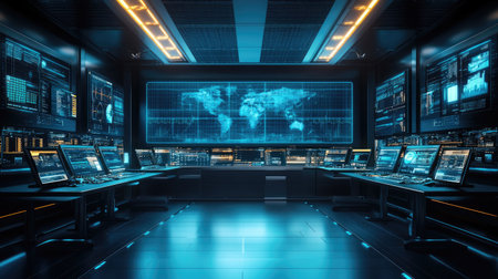 Control room with digital interfaces managing and monitoring industrial automation remotelyの素材