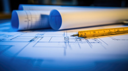 Detailed close-up of technical blueprints and engineering drawings on a desk with precision toolsの素材