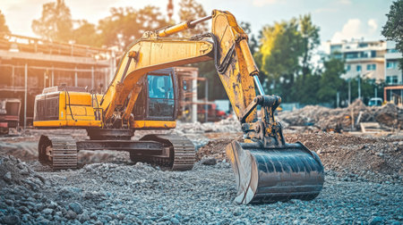Construction machinery including excavator and bulldozer parked on gravel site near unfinished structureの素材