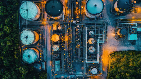 Chemical plant aerial view showing pipelines, distillation columns, and storage silosの素材