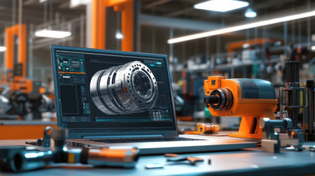 Desktop with open laptop displaying D CAD model of industrial part and tools nearbyの素材