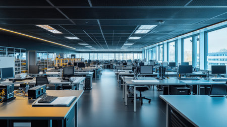 Clean and organized electronics factory with workstations, cable trays, and assembly toolsの素材