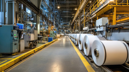 Empty paper mill interior with heavy-duty rollers, control panels, and stacked paper reelsの素材