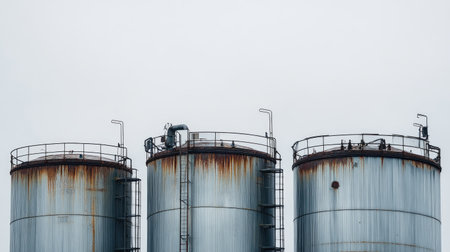 Gigantic metal tank fabrication yard with cylindrical shells aligned under gray skyの素材