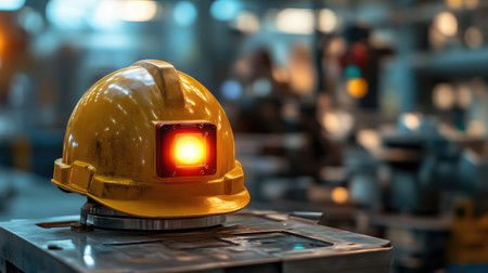 Helmet beside a glowing emergency stop button on inactive robotic welding cellの素材