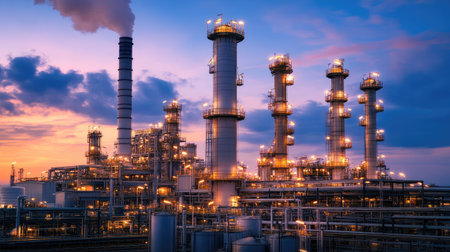 Exterior of industrial plant at dusk with illuminated towers and heavy smoke exhaustの素材