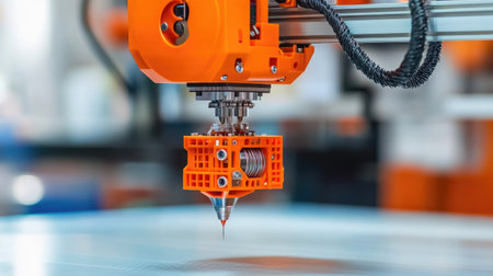 Industrial D printer with mechanical arms and filament feeds in operation within a workshopの素材